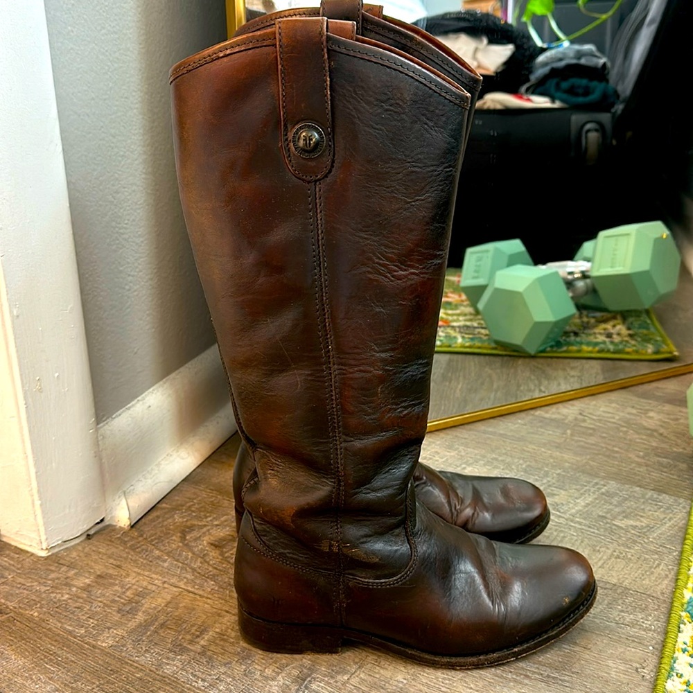 Frye Women’s Brown Leather Melissa Button Cowgirl Riding Boot